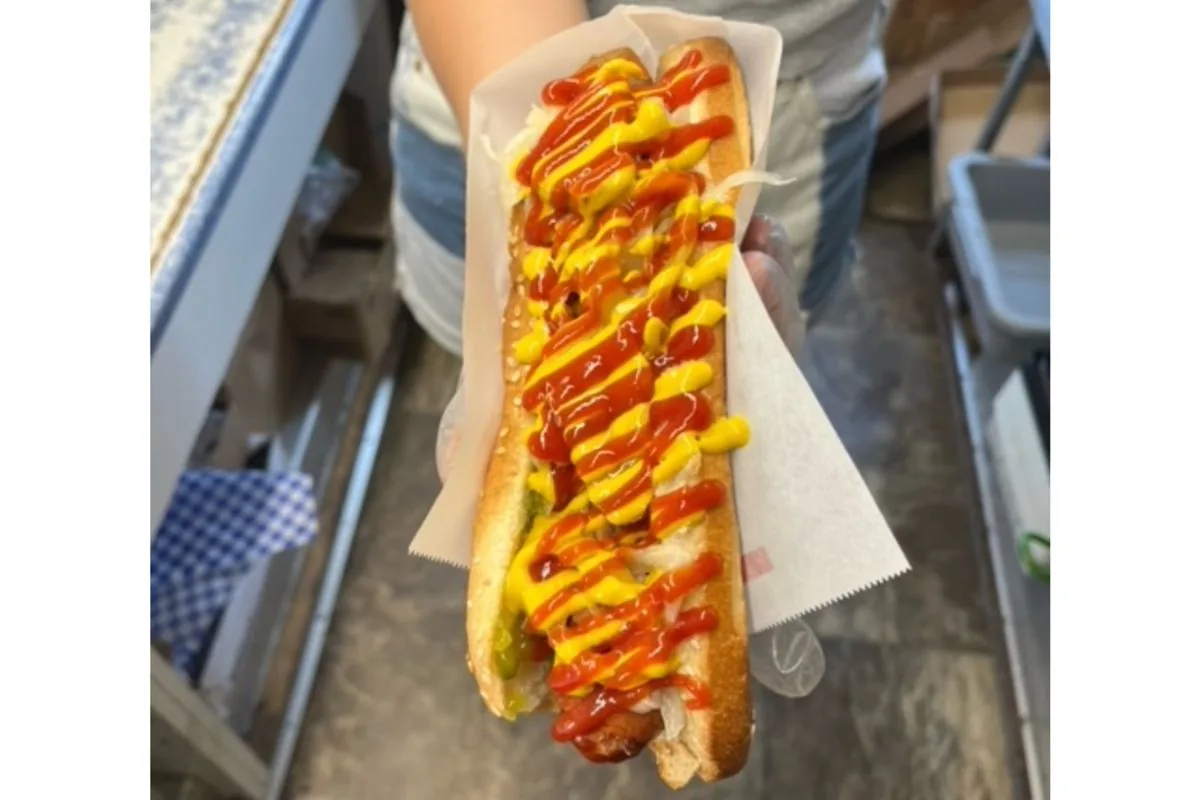 The jumbo hot dog with ketchup and mustard